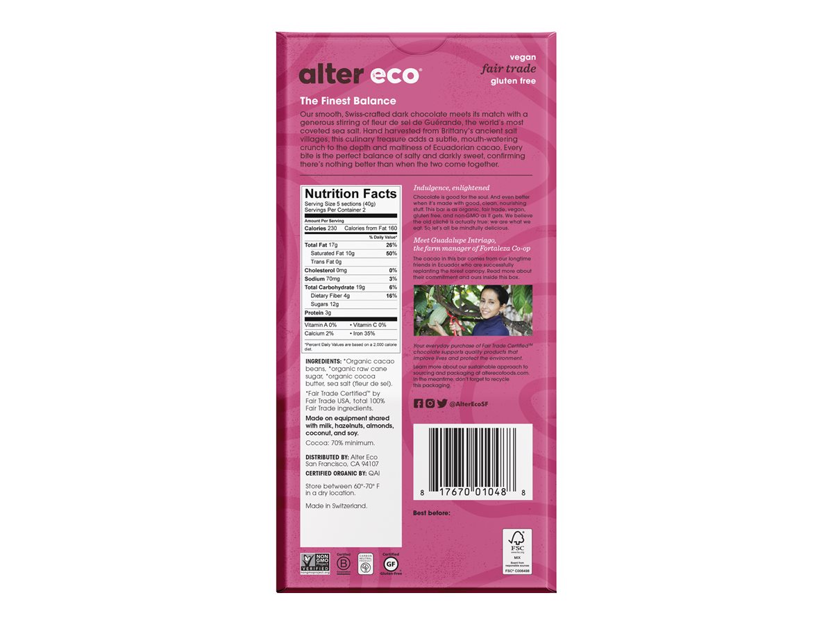 Alter Eco Deep Dark Organic Chocolate - 70% Cocoa - Sea Salt - 80g