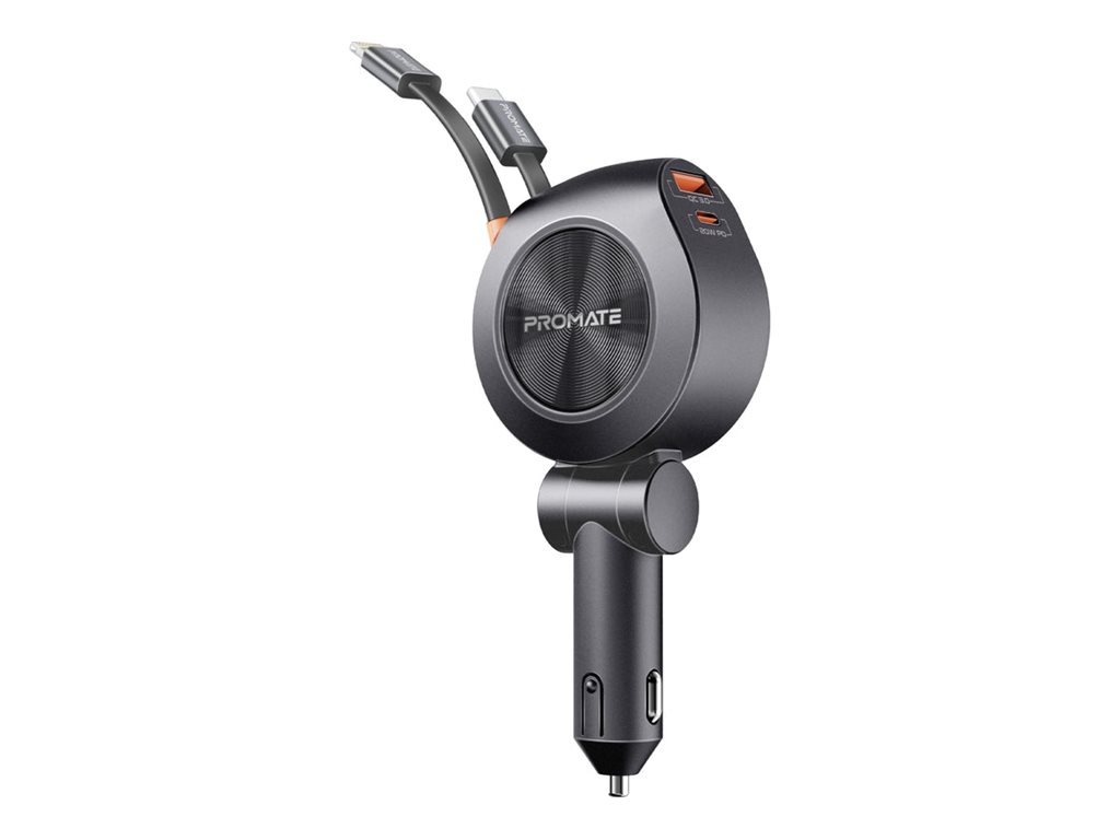 Promate DriveGear-R2 car power adapter with dual retractable USB-C cables 2 x USB-C USB Product shot Right-angle 79700