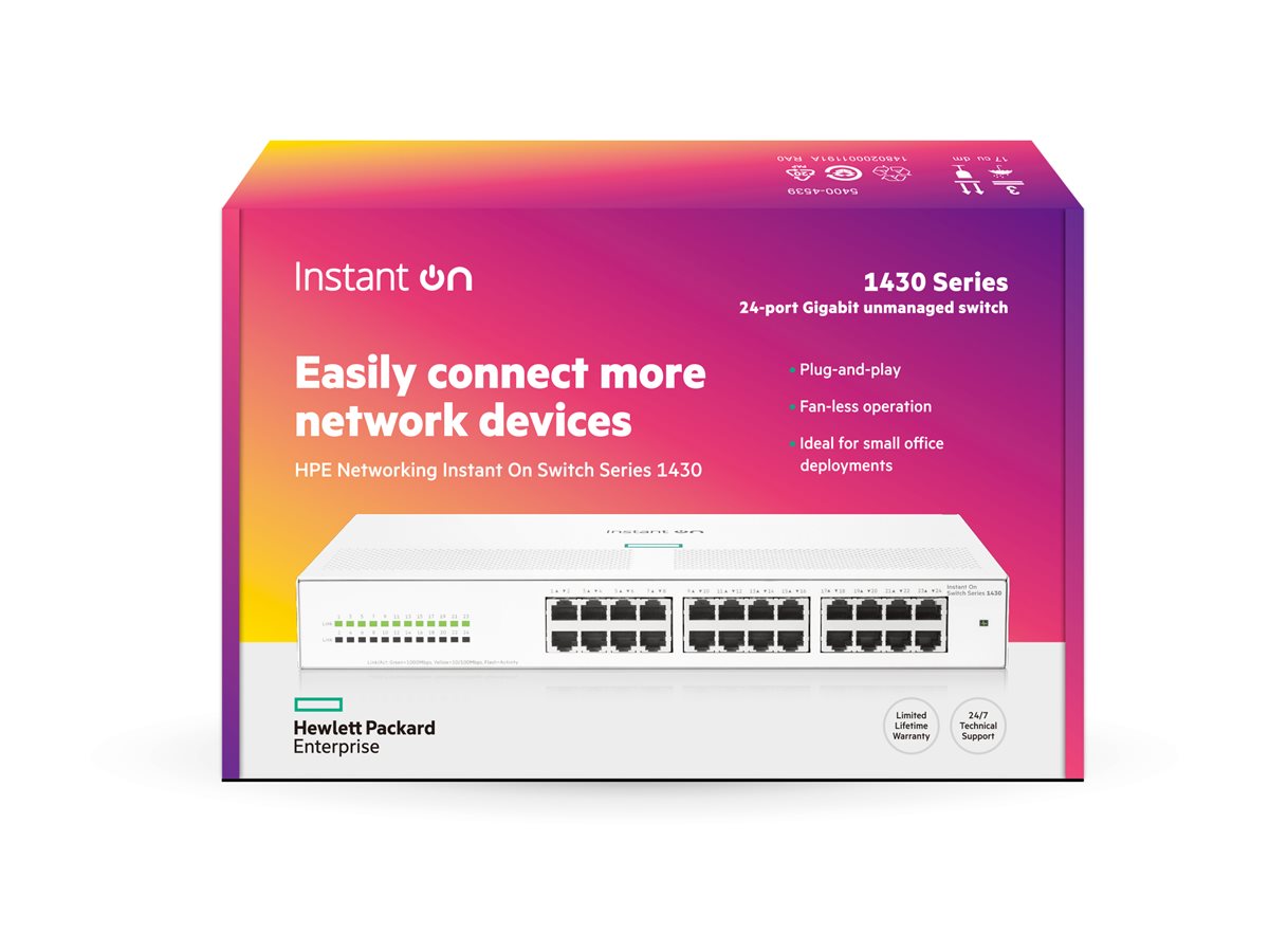HPE Networking Instant On 1430 24G Switch switch 24 ports unmanaged Package view Front 77850