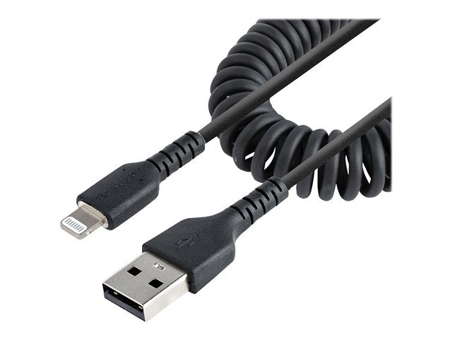 Image of StarTech.com 50cm (20in) USB to Lightning Cable, MFi Certified, Coiled iPhone Charger Cable, Black, Durable and Flexible TPE Jacket Aramid Fiber, Heavy Duty Coil Charging Cable - Rugged USB Lightning Cable - Lightning cable - Lightning / USB - 50 cm