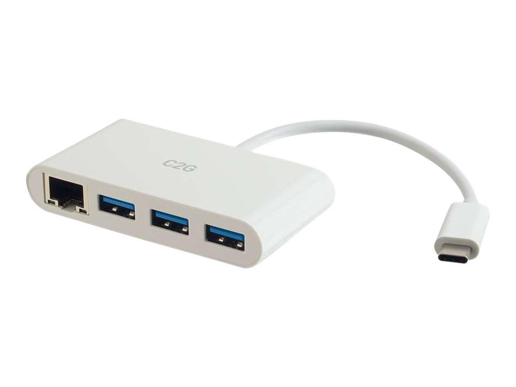 C2G USB C Ethernet and 3 Port USB Hub White - Hub - 3 Ports - síťový adaptér - USB-C - Gigabit Ethernet x 1 + USB 3.0 x 3