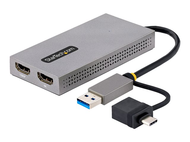 Image of StarTech.com USB to Dual HDMI Adapter, USB A/C to 2x HDMI Monitors (1x 4K 30Hz, 1x 1080p), Integrated USB-A to C Dongle, 4in/11cm Cable, Windows & macOS - USB 3.0 to HDMI Multi-Monitor Display Adapter for Laptop (107B-USB-HDMI) - adapter - HDMI / USB