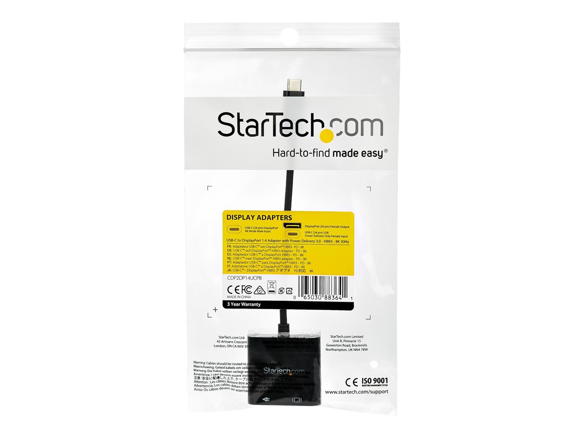 StarTech.com USB C to DisplayPort Adapter with Power Delivery, 8K 60Hz/4K 120Hz USB Type C to DP 1.4 Monitor Video Converter w/60W PD Pass-Through Charging, HBR3, Thunderbolt 3 Compatible - USB-C Male to DP Female (CDP2DP14UCPB) - adaptér USB / DisplayPort – foto 2