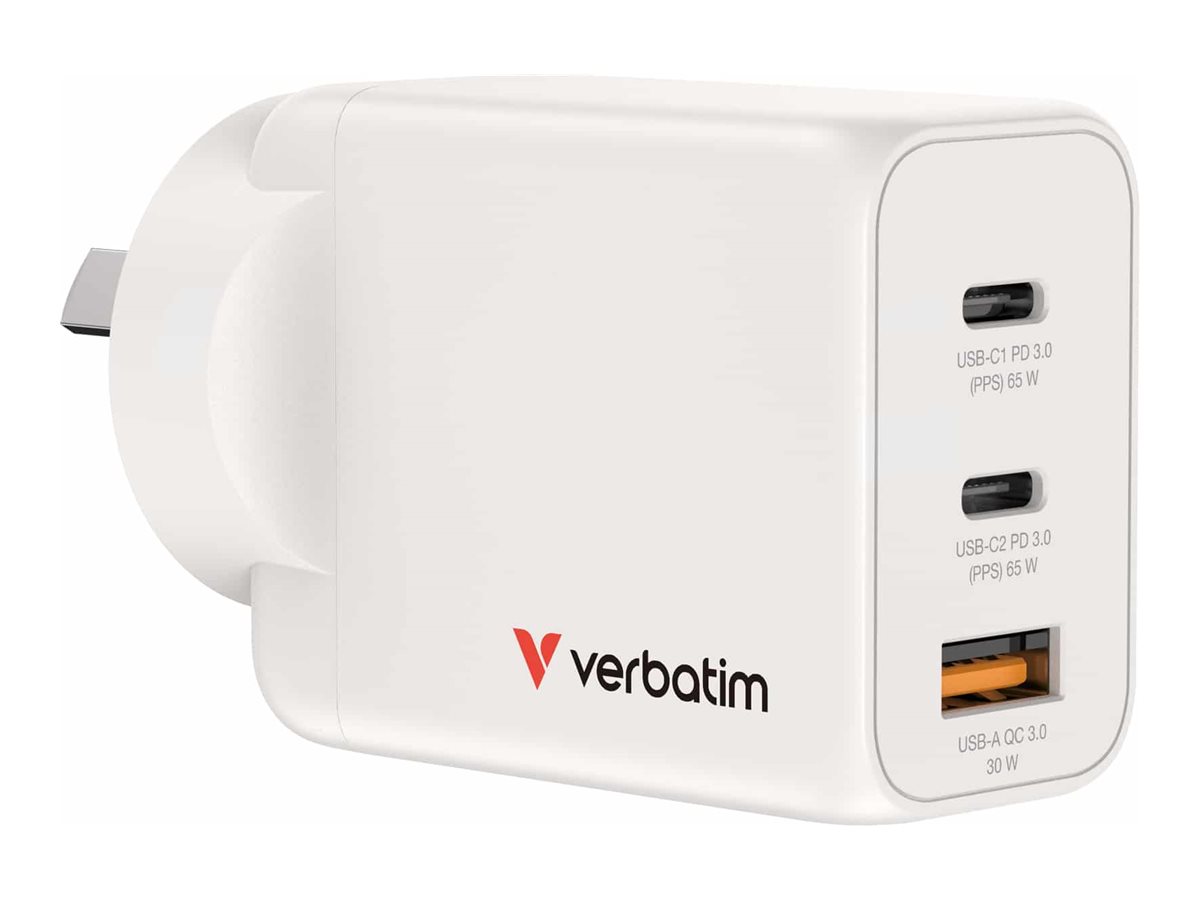 Verbatim power adapter GaN 2 x USB-C USB 65 Product shot Left-angle 79750