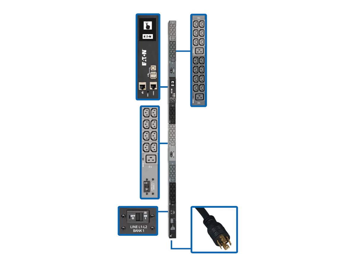 Tripp Lite 10kW 3-Phase Monitored PDU, LX Interface, 200/208/240V Outlets (42 C13/6 C19), LCD, NEMA L21-30P, 3m/10 ft. Cord, 0U 1.8m/70 in. Height, TAA