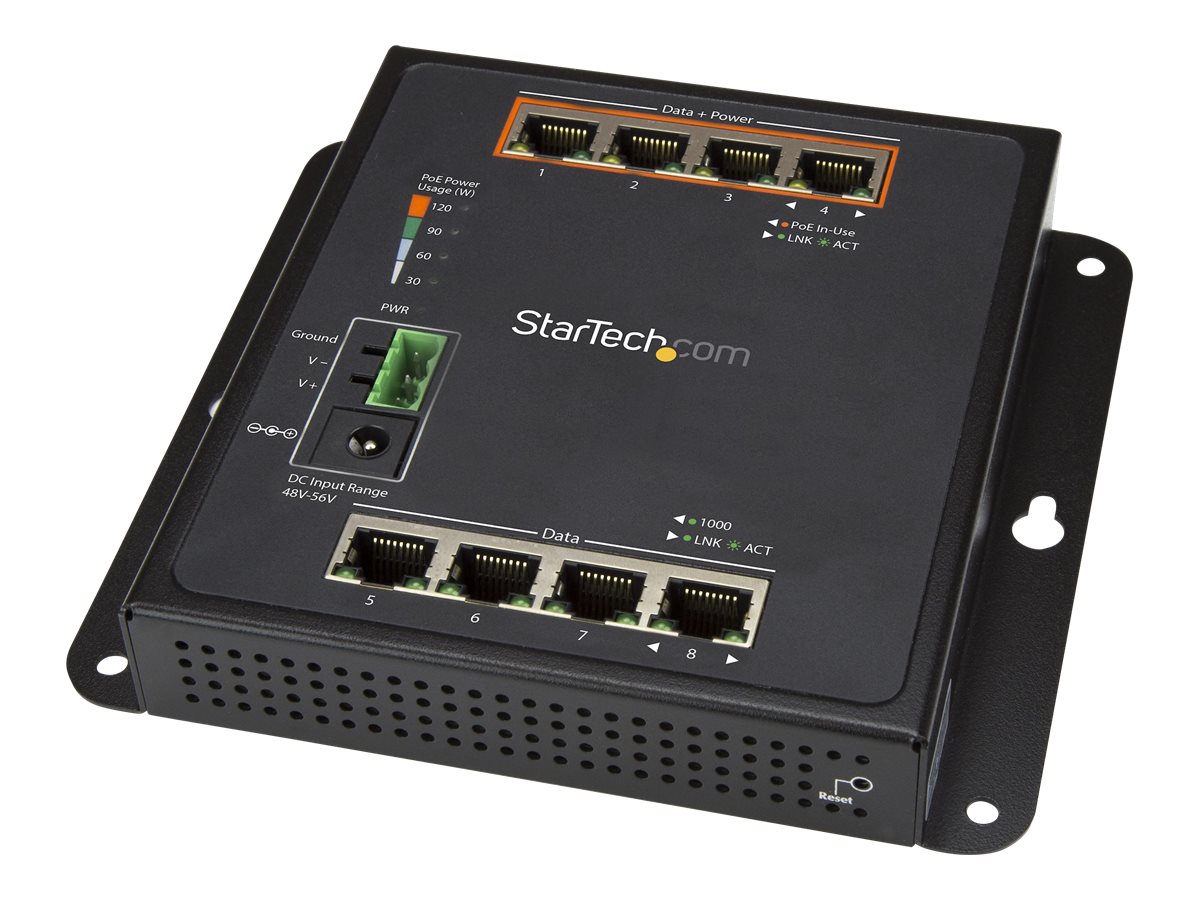 StarTech.com Industrial 8 Port Gigabit PoE Switch, 4 x PoE+ 30W, Power Over Ethernet, Hardened GbE Layer/L2 Managed Switch, Rugged High Power Gigabit Network Switch IP-30/-40C to +75C