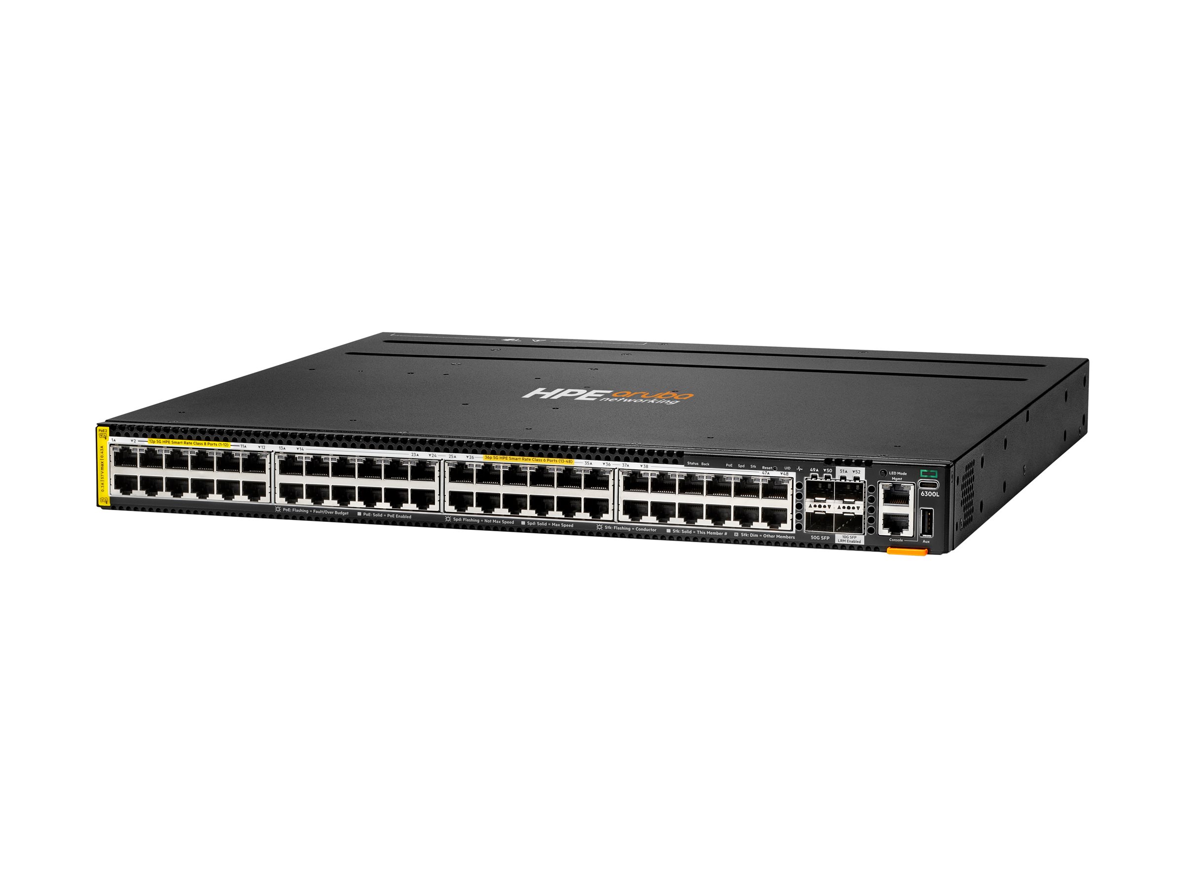 HPE Aruba Networking CX 6300L 48p Smart Rate 1G/2.5G/5G Class8/6 PoE 2p 50G and 2p 10G LRM L2 Switch