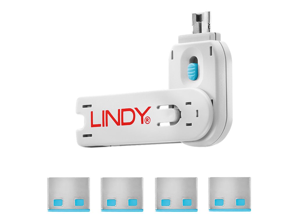 Clé USB et 4 bloqueurs de ports USB, Bleu