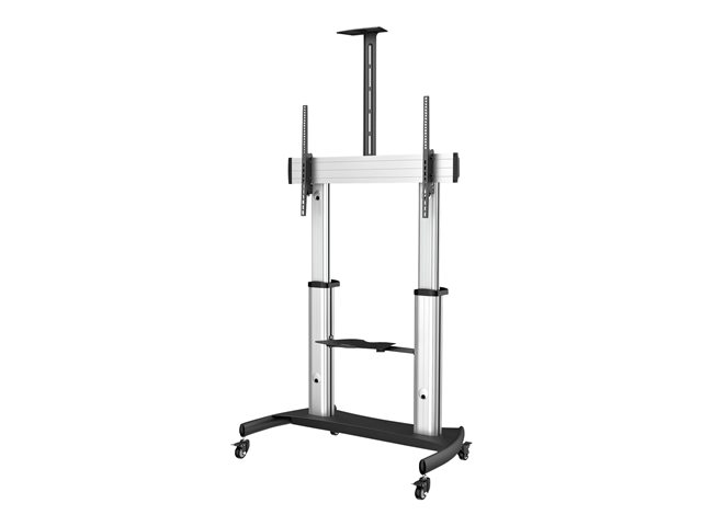 Image of StarTech.com Mobile TV Stand, Heavy Duty TV Cart for 60-100" Display (100kg/220lb), Height Adjustable Rolling Flat Screen Floor Standing on Wheels, Universal Television Mount w/Shelves - W/ 2 equipment shelves cart - for flat panel - black, silver