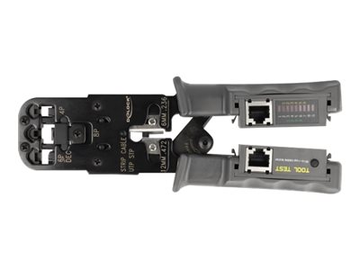 Delock Crimpzange 90511 mit Abisolierer und Netzwerktester für RJ45, RJ12, RJ11 und RJ10 Grau, Schwarz