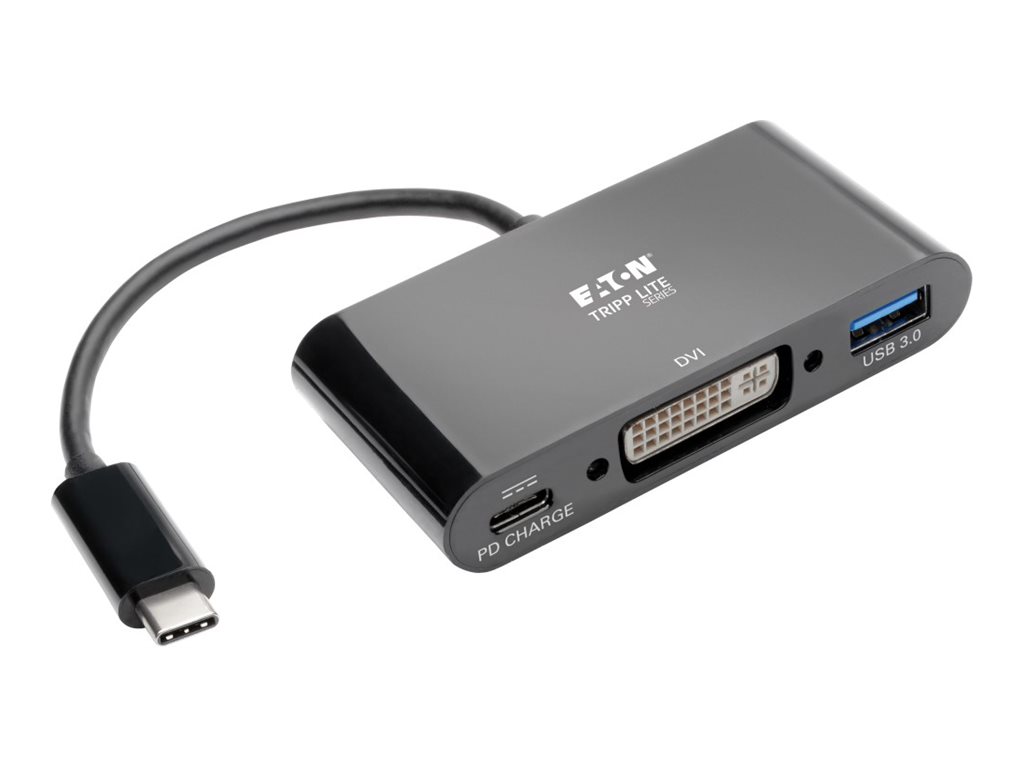 Tripp Lite USB C to DVI Adapter with USB-A Hub, Thunderbolt 3-1080p, PD Charging, Black, 6 in., USB Type C, USB-C, USB Type-C