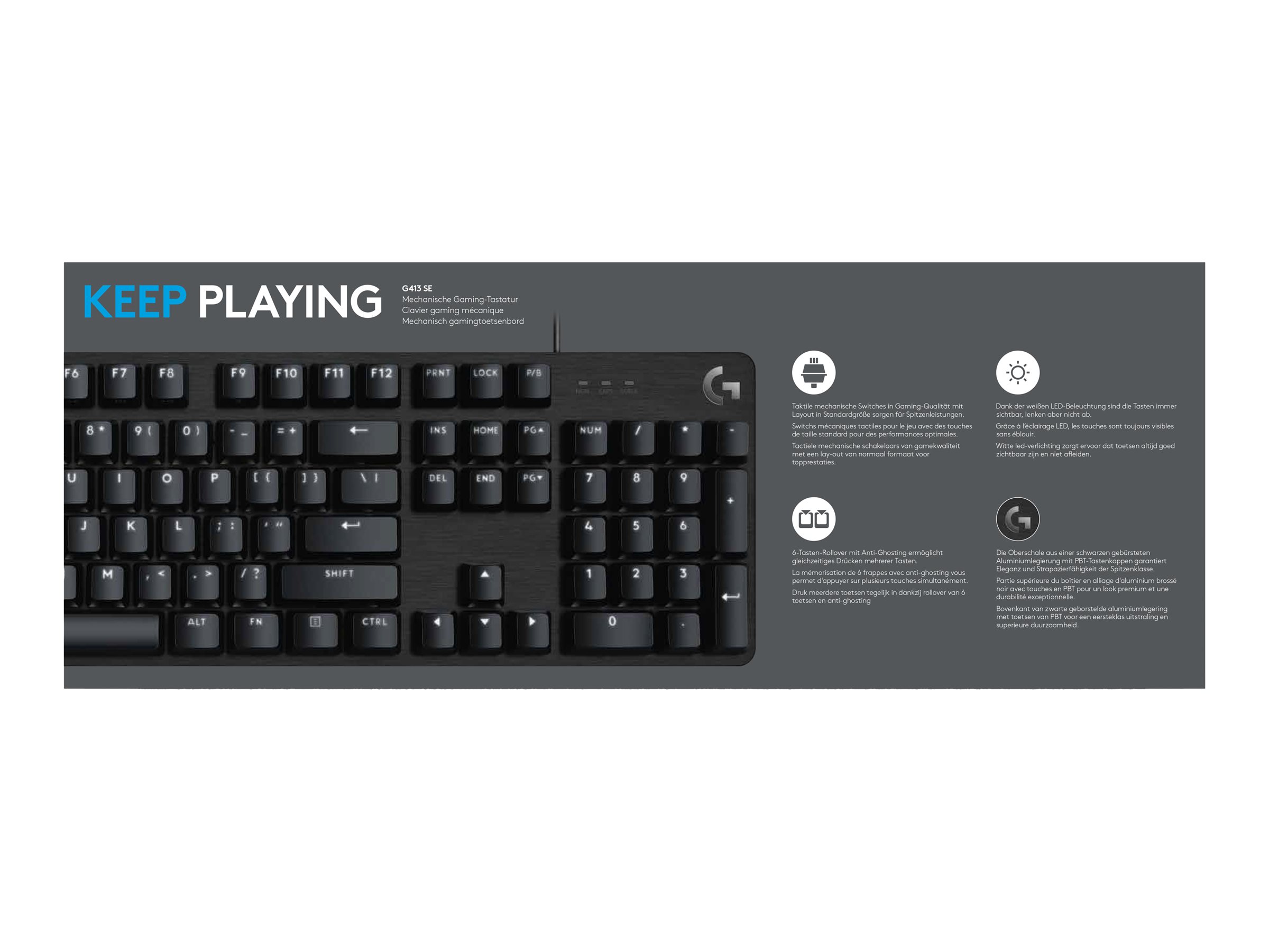 Logitech G G413 SE keyboard black Input Usage / lifestyle Close-up 72140