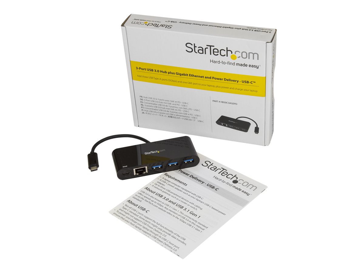StarTech.com 3 Port USB-C Hub with Gigabit Ethernet & 60W Power Delivery Passthrough Laptop Charging, USB-C to 3x USB-A (USB 3.0 SuperSpeed 5Gbps), USB 3.1/USB 3.2 Gen 1 Type-C Adapter Hub - Windows/macOS/Linux (HB30C3AGEPD) - rozbočovač - 3 porty – foto 3