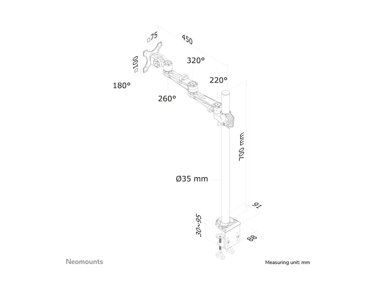 NEOMOUNTS FPMA-D935POLE70 Desk Mount Clamp Flatscreen 10-30inch tilt swivel rotatable VESA 75x75/100x100mm 12kg pivot