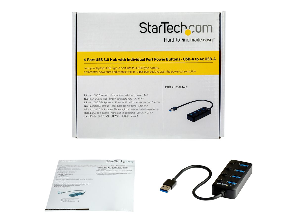 StarTech.com 4 Port USB 3.0 Hub, USB-A to 4x USB 3.0 Type-A with Individual On/Off Port Switches, SuperSpeed 5Gbps USB 3.1/USB 3.2 Gen 1, USB Bus Powered, Portable, 9.8" Attached Cable - Windows/macOS/Linux (HB30A4AIB) - rozbočovač - 4 porty – foto 2