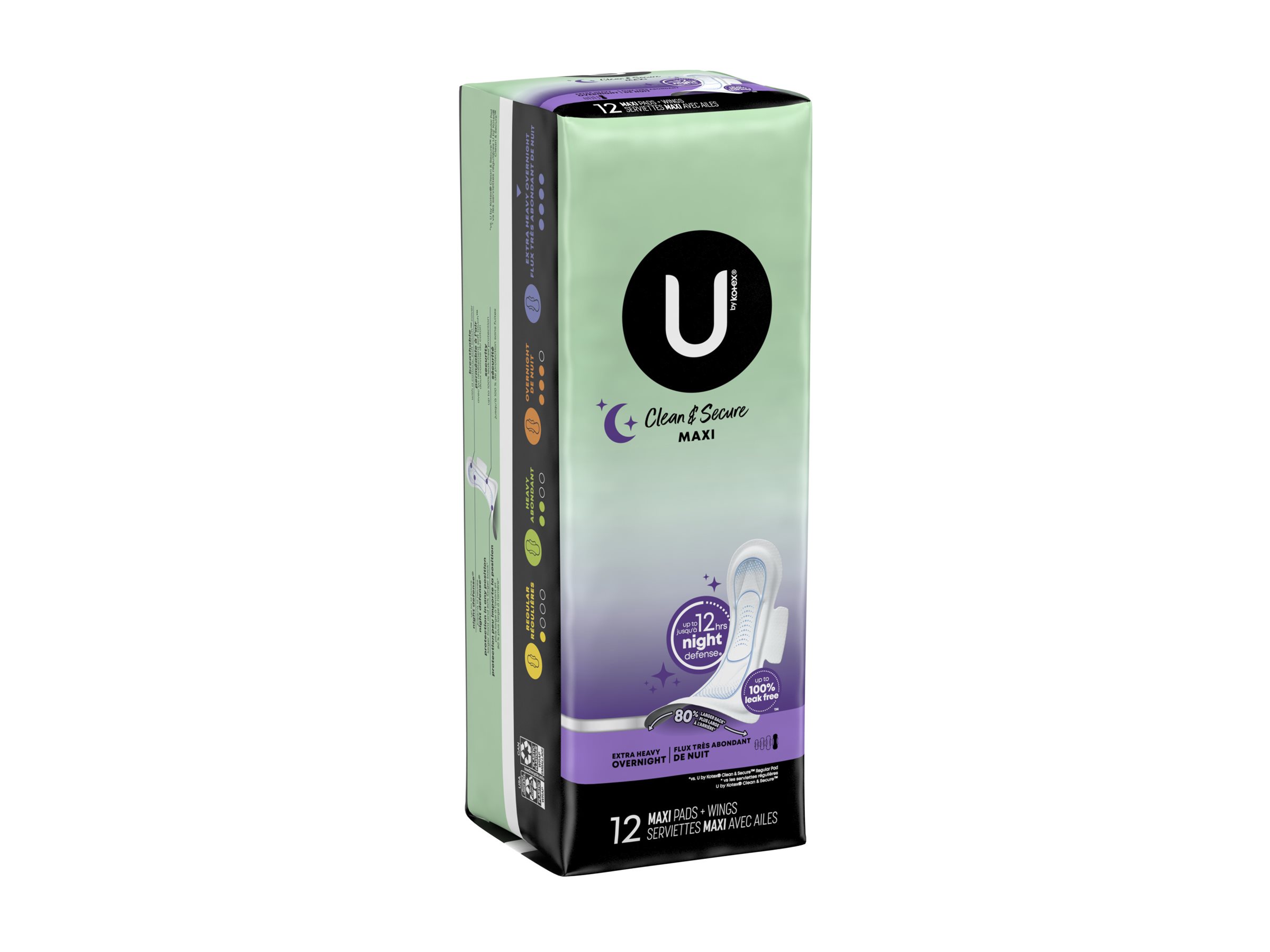 U by Kotex Clean & Secure Overnight Maxi Pads with Wings - Extra Heavy  Absorbency - 12 Count