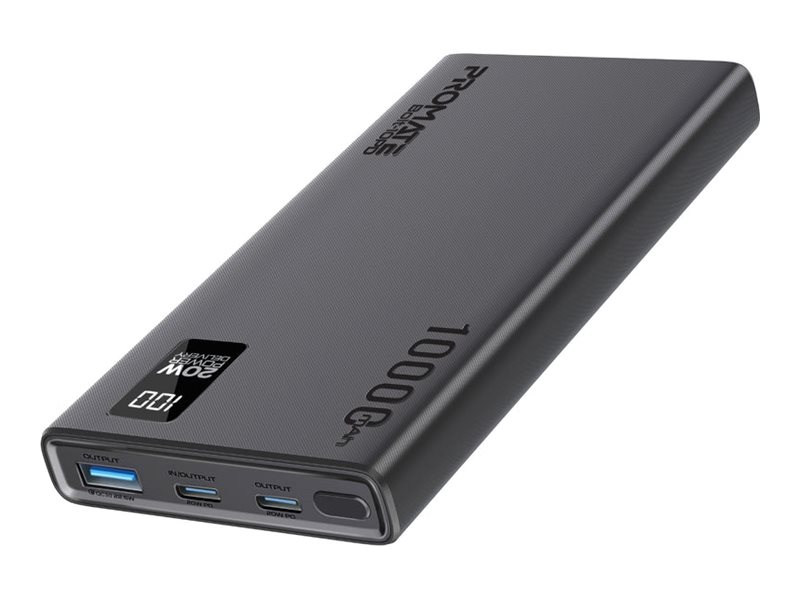 Promate Bolt-10PD power bank compact smart charging Li-pol USB Type A 24 pin USB-C 20 Product shot Right-angle 79550