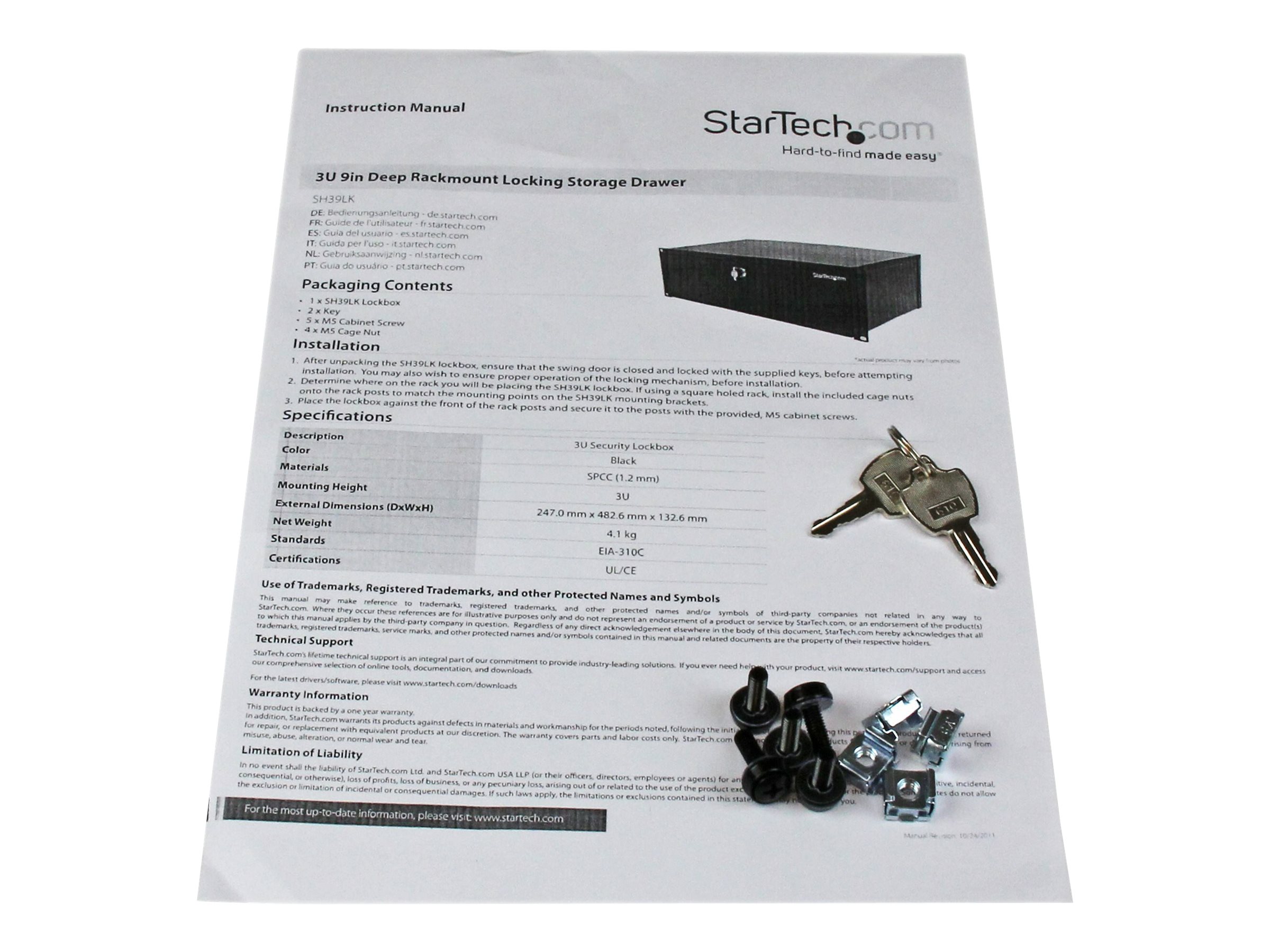 StarTech.com 3U 9in Deep RackMount Locking Storage Drawer | SHI