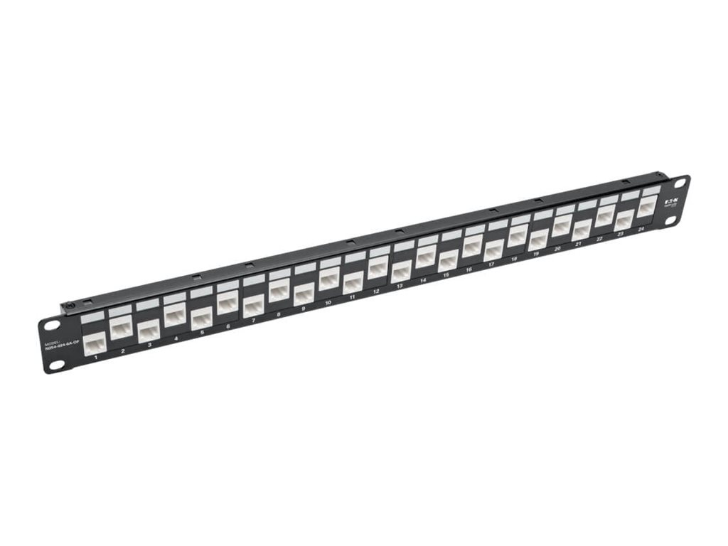 Eaton Tripp Lite Series 24-Port 1U Rack-Mount Cat6a/Cat6/Cat5e Offset Feed-Through Patch Panel with Cable Management Bar, RJ45 Ethernet, TAA