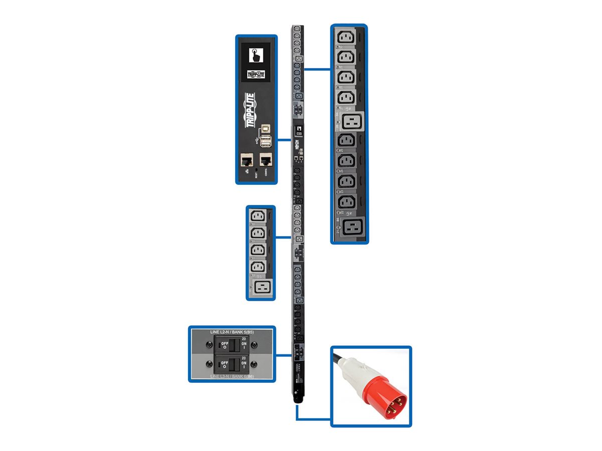 Eaton Tripp Lite Series 27.7kW 3-Phase Switched PDU, LX Platform Interface, 220/230V Outlets (24 C13/6 C19), Touchscreen LCD, IEC 309 63A Red 380/400V, 0U, TAA