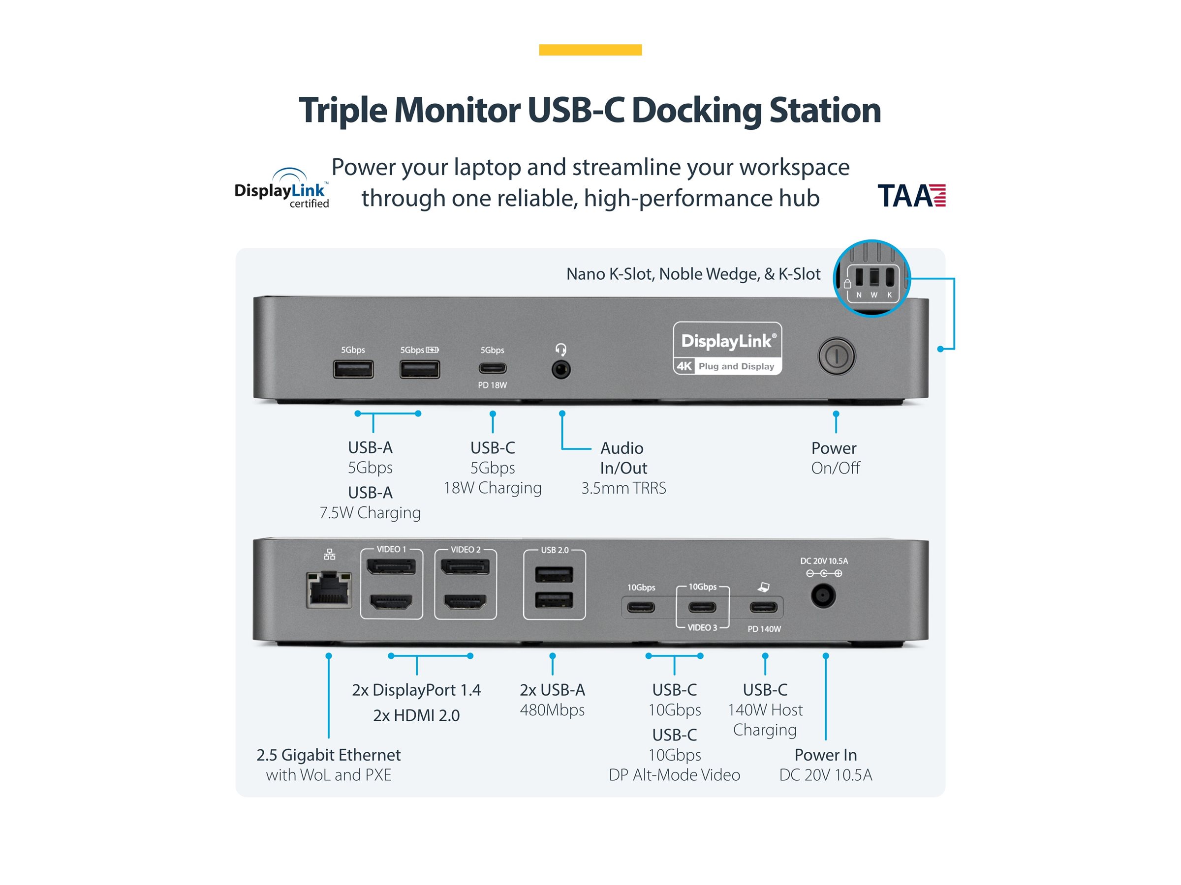 Startech docking station USB-C 2 x HDMI 2 x DP USB-C 2.5GbE 1GbE TAA Product shot Left-angle 79900