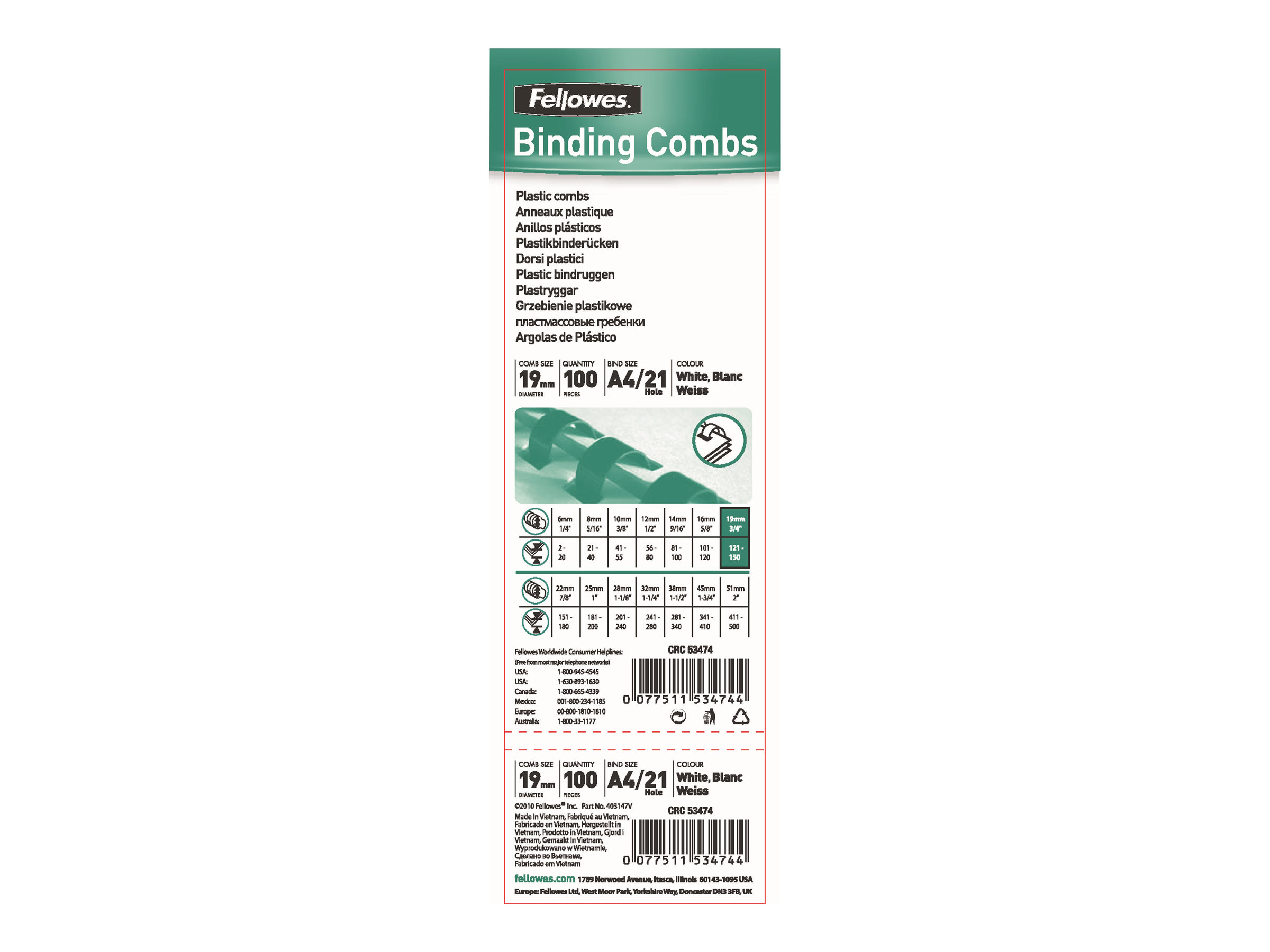 FELLOWES 5347405 Binding comb 19mm white