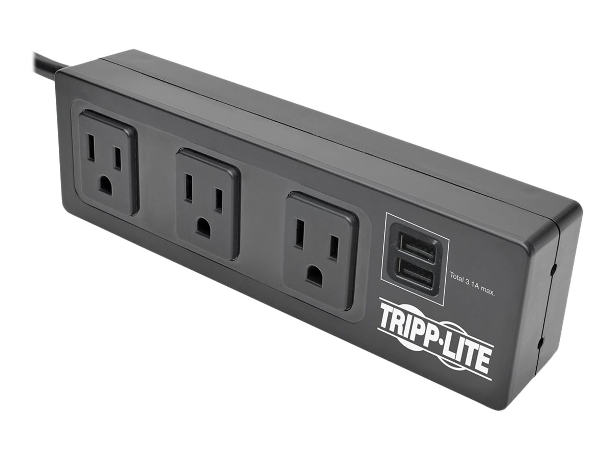 Tripp Lite Protect It! 3-Outlet Surge Protector with Mounting Brackets, 10 ft. Cord, 510 Joules, 2 USB Charging Ports, Black Housing