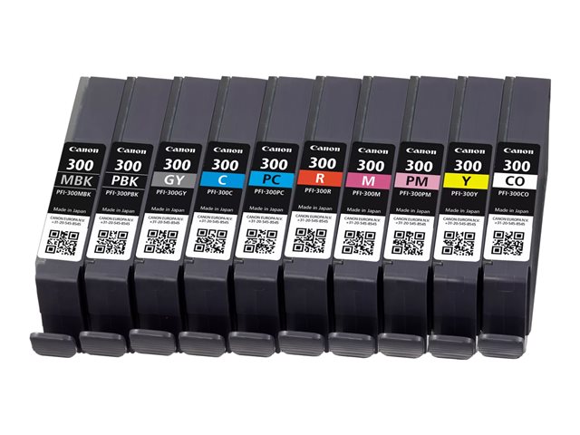 Image of Canon PFI-MBK/PBK/CO/GY/R/C/M/Y/PC/PM 10 Ink Cartridge Multipack - 10-pack - grey, yellow, cyan, magenta, red, matte black, photo black, photo cyan, photo magenta, chroma optimiser - original - ink tank