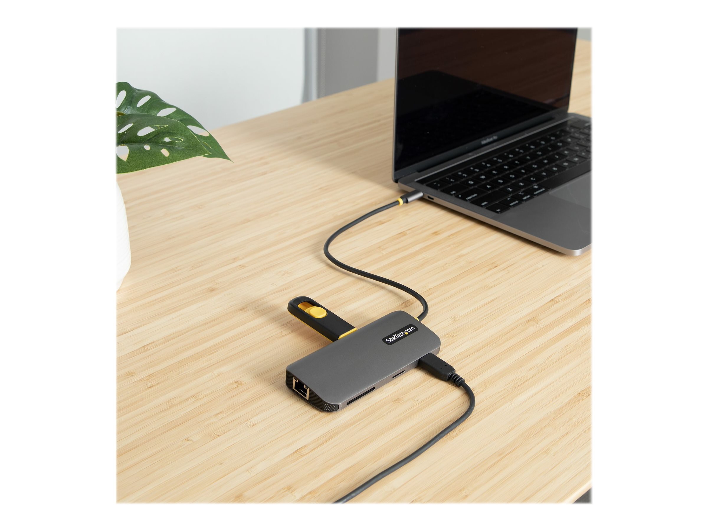 Startech USB C Multiport Adapter 4K 60Hz HDMI Video 3 Pt 5Gbps USB-A Hub 100W Power Delivery Usage / lifestyle Right-angle 72800
