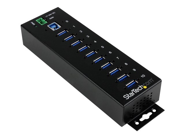 Image of StarTech.com 10-Port USB 3.0 Hub - Metal Industrial USB-A Hub with ESD & Surge Protection - Din Rail, Wall or Desk Mountable - TAA Compliant USB Expander Hub (ST1030USBM) - hub - 10 ports