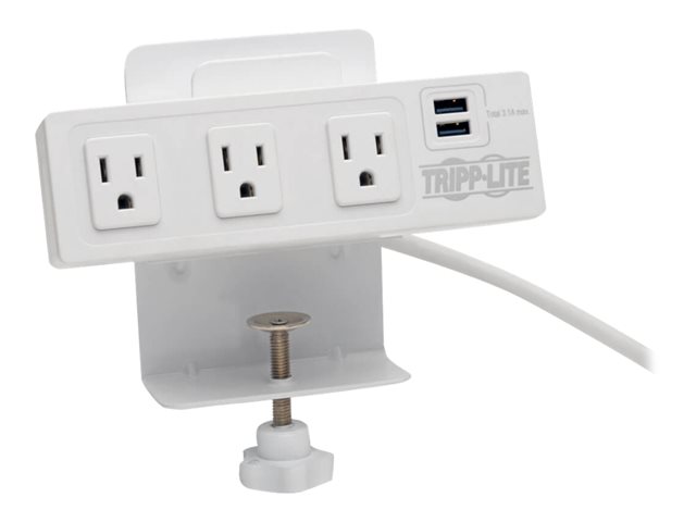 Tripp Lite 3-Outlet Surge Protector Power Strip with 2 USB Ports, 10 ft. Cord (3.05m) - 510 Joules, Desk Clamp, White Housing