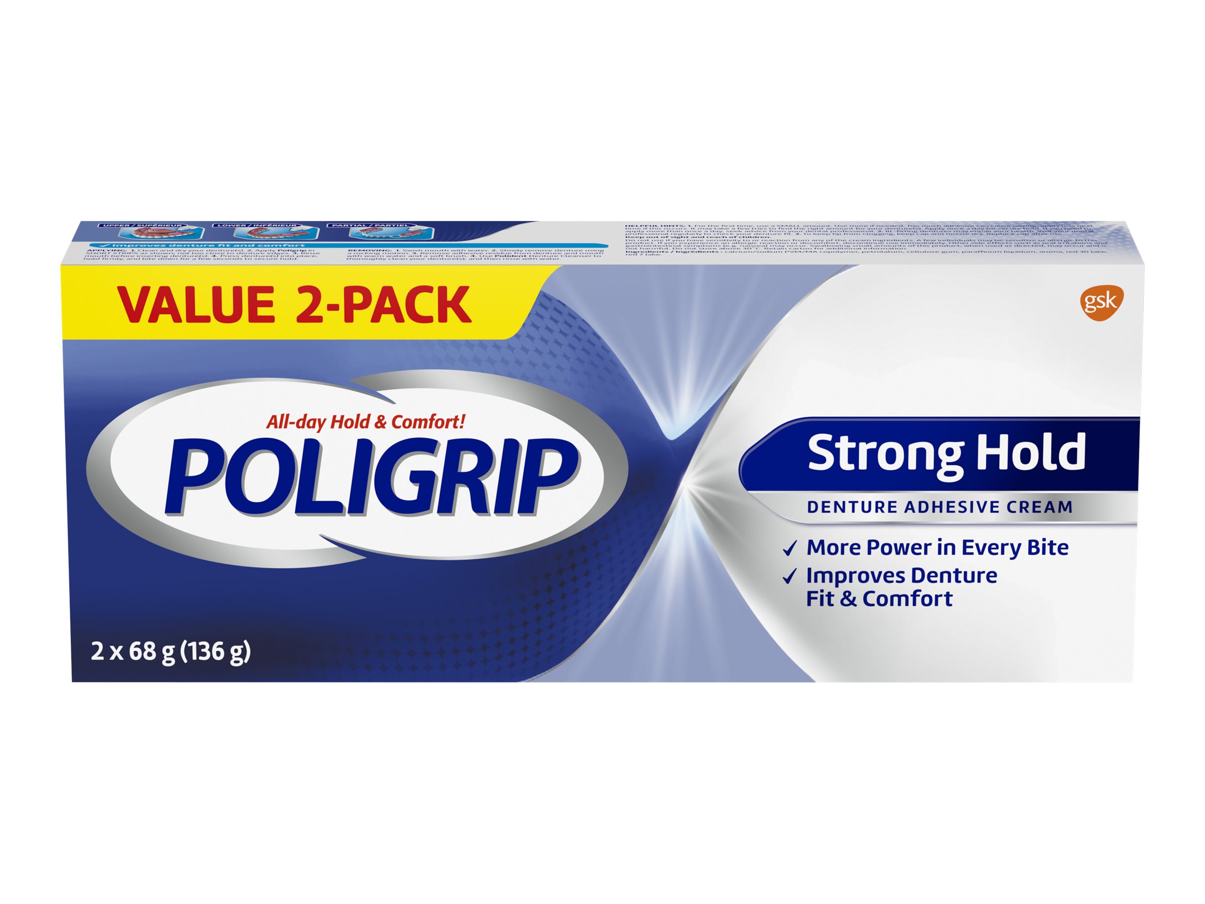 POLIGRIP Strong Hold Denture Adhesive - 2 x 68g