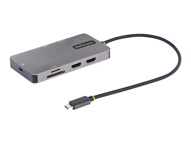 Image of StarTech.com USB C Multiport Adapter, Dual HDMI Video, 4K 60Hz, 2-Port 5Gbps USB-A Hub, 100W Power Delivery Charging, GbE, SD/MicroSD, USB Type-C Mini Travel Dock, 12"/30cm Cable - USB C Laptop Docking Station - docking station - USB-C / Thunderbolt 3 / T