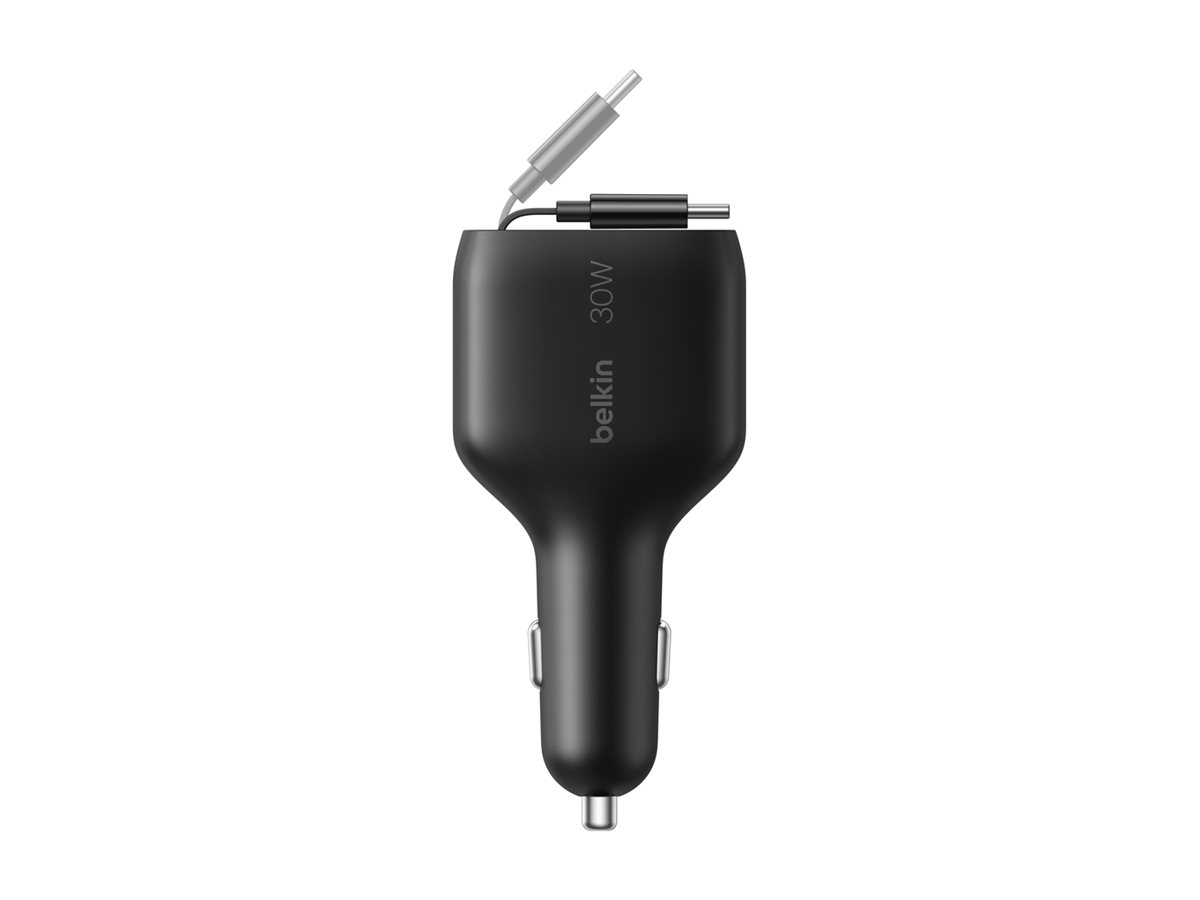 Belkin BoostCharge car power adapter retractable USB USB-C 30 Product shot Front 79800
