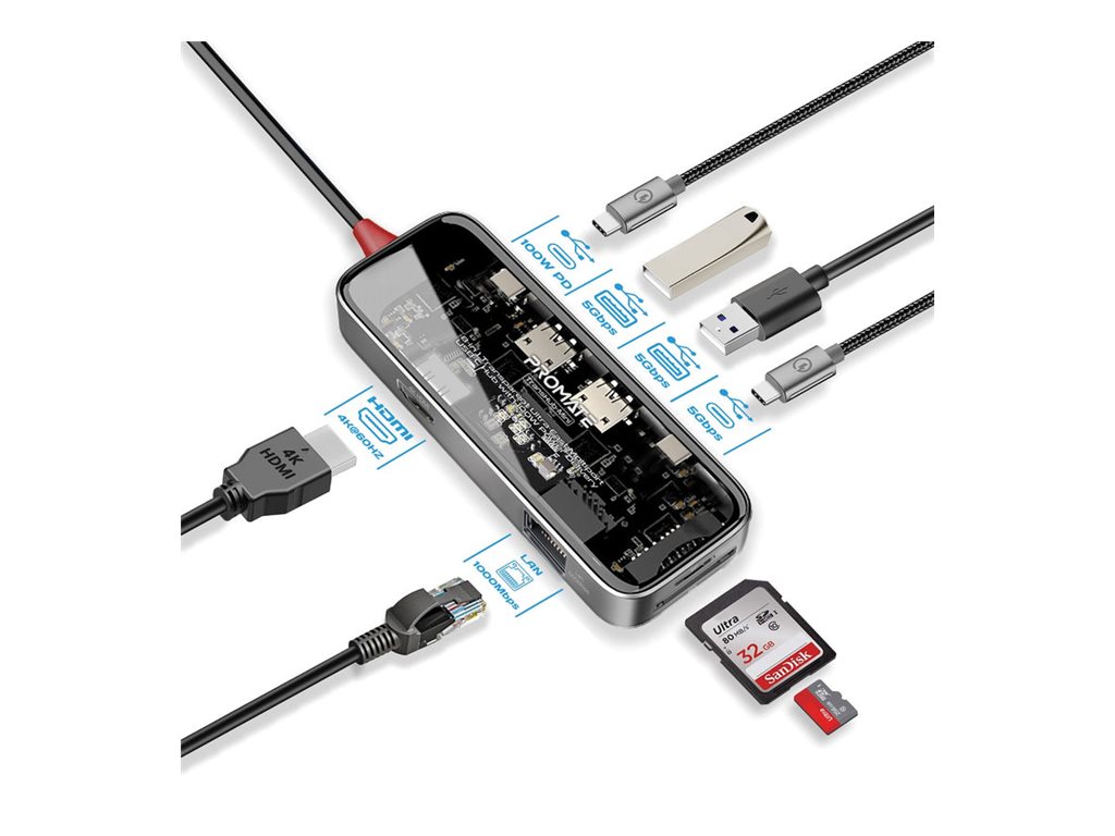 Promate TRANSHUB-MINI docking station USB-C HDMI Product shot Left-angle 79600