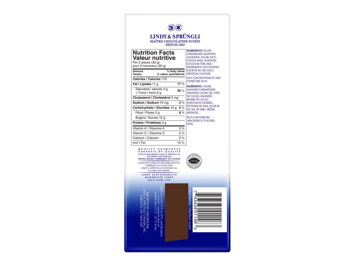 Lindt Swiss Classic Grandes Dark Chocolate Bar - 31% Almond Sea Salt - 150g