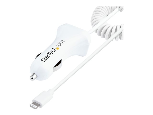 StarTech.com Lightning Car Charger with 1m Coiled Lightning Cable, 12W, White, 2 Port USB Car Charger Adapter for Phones and Tablets, In Car Apple iPhone/iPad Charger w/ Built-in Cord - Dual USB Car Charger (USBLT2PCARW2)
