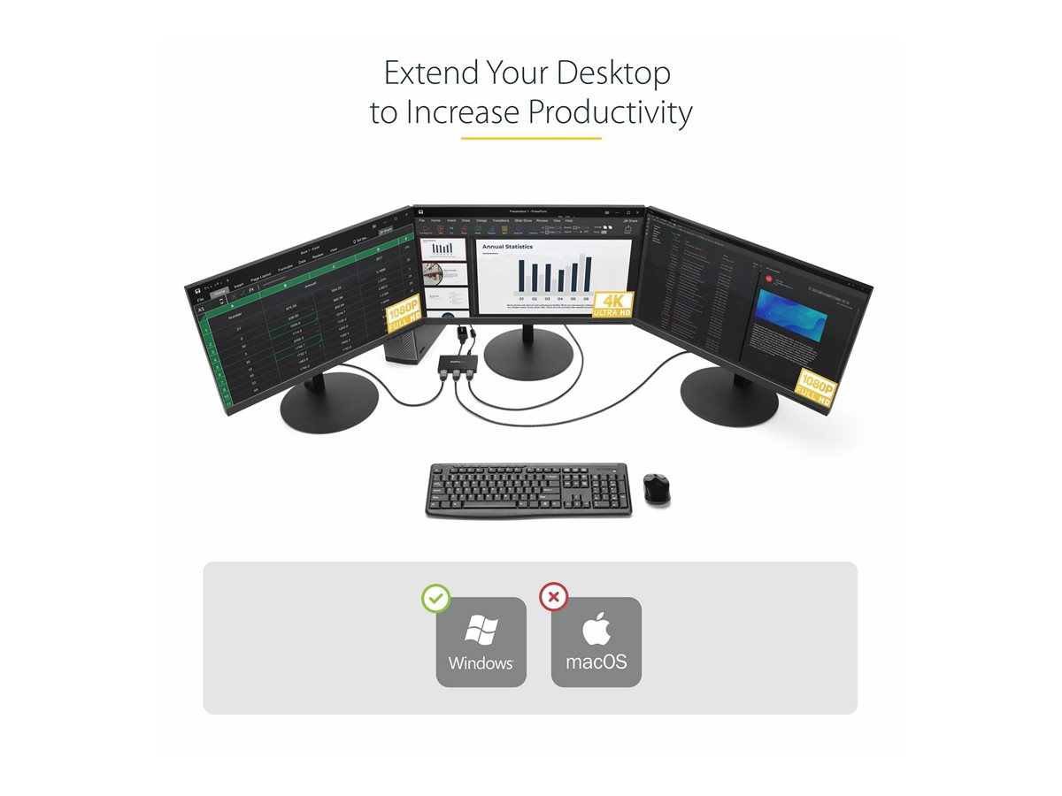 StarTech.com 3-Port Multi Monitor Adapter, DisplayPort 1.2 to HDMI MST Hub, Triple 1080p HDMI Monitor, Video Splitter for Extended Desktop Mode on Windows PCs Only, DP to 3x HDMI MST Hub - Multi Stream Transport (MSTDP123HD) - rozdělovač video / audio - 3 porty – foto 7