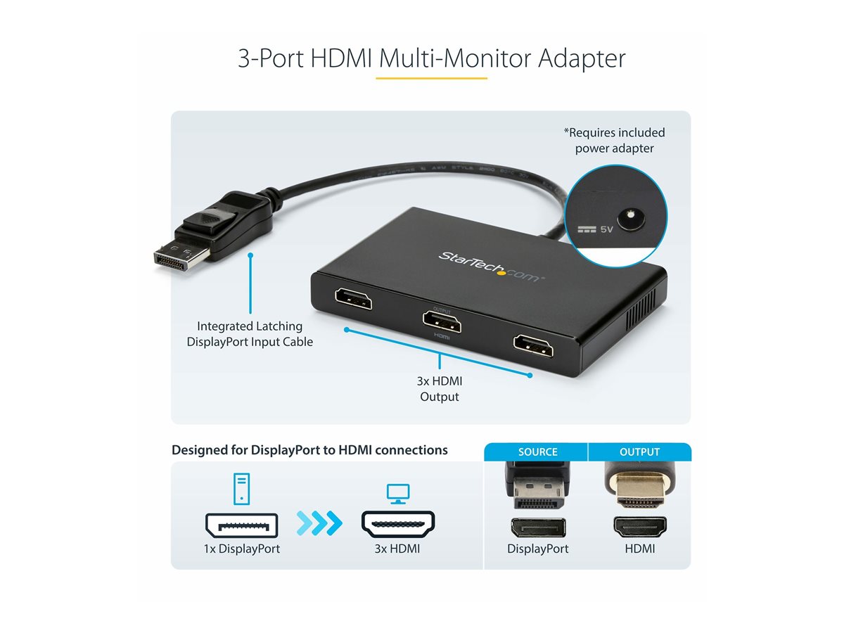StarTech.com 3-Port Multi Monitor Adapter, DisplayPort 1.2 to HDMI MST Hub, Triple 1080p HDMI Monitor, Video Splitter for Extended Desktop Mode on Windows PCs Only, DP to 3x HDMI MST Hub - Multi Stream Transport (MSTDP123HD) - rozdělovač video / audio - 3 porty – foto 6