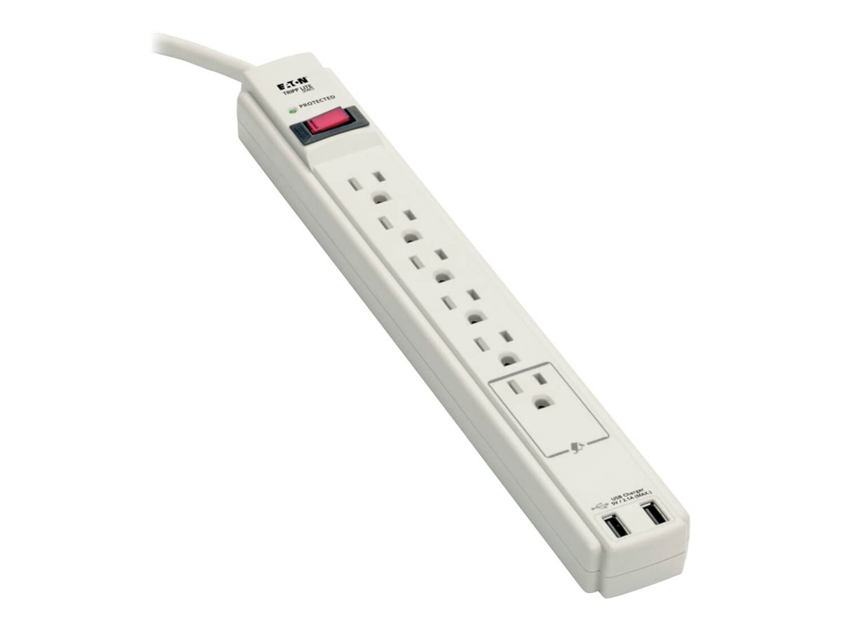 Eaton Tripp Lite Series Protect It! 6-Outlet Surge Protector, 6 ft. (1.83 m) Cord, 990 Joules, 2 x USB Charging ports (2.1A), Gray Housing