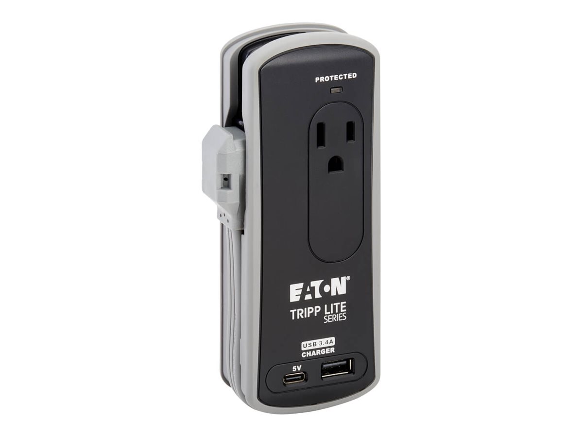 Eaton Tripp Lite Series Protect It! Travel-Size Surge Protector 2-Outlet 5-15R Outlets USB-C and USB-A Ports 5-15P Input Black