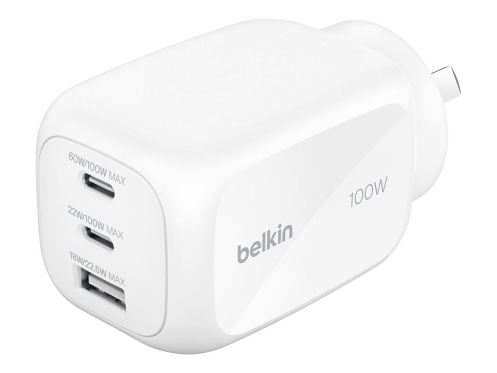 Belkin BoostCharge Pro power adapter GaN 2 x USB-C USB 100 Product shot Left-angle 79600