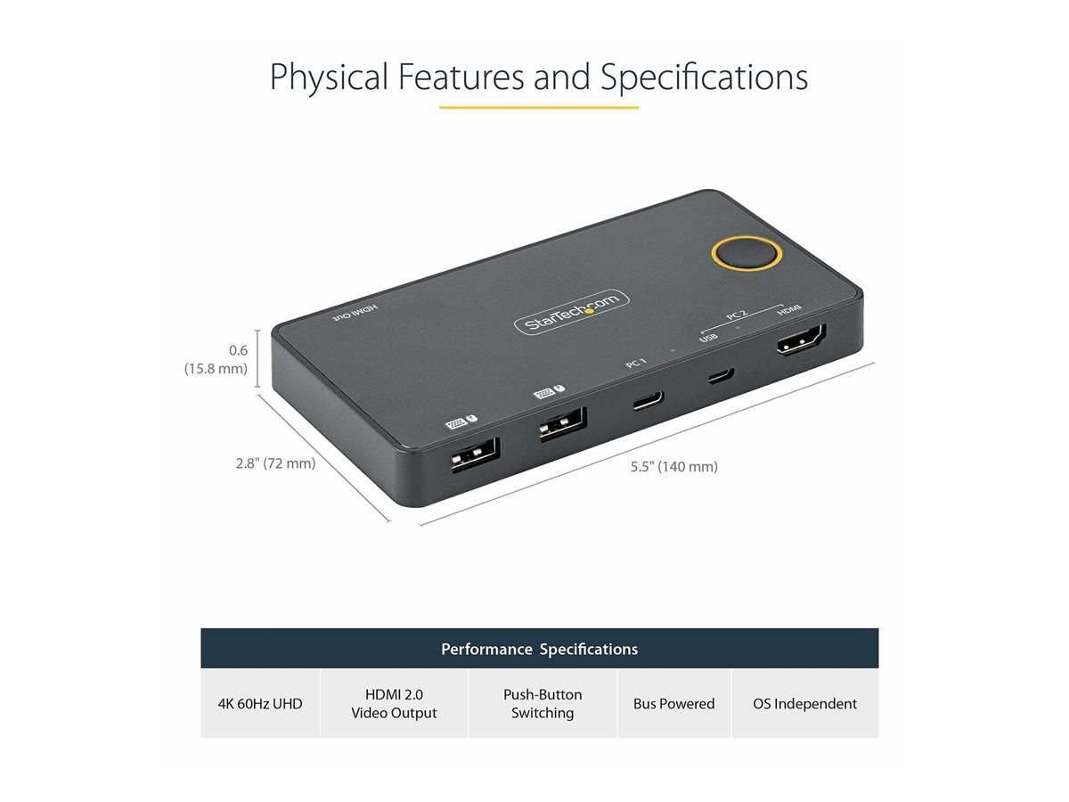 StarTech.com 2 Port Hybrid USB-A + HDMI & USB-C KVM Switch, Single 4K 60Hz HDMI 2.0 Monitor, Compact Desktop and/or Laptop HDMI KVM Switch, USB Bus Powered, Thunderbolt 3 Compatible - 2 Port HDMI KVM Switch (SV221HUC4K) - přepínač KVM / audio - 2 porty – foto 10