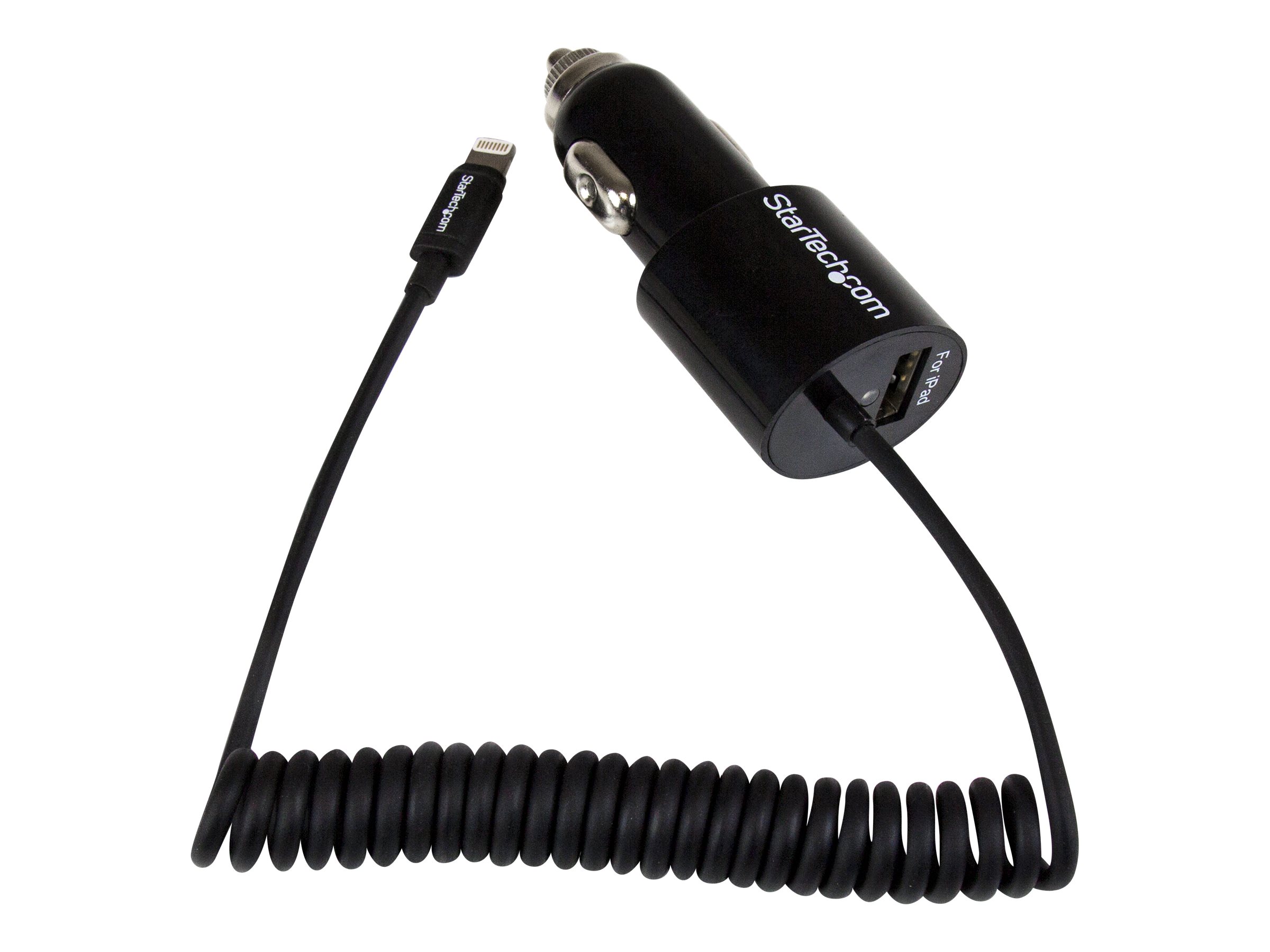 Startech Dual Port Car Charger with Lightning Cable and USB Port High Power (21 Watt / 4.2 Amp) Product shot Close-up 75800
