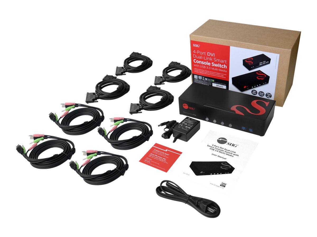 SIIG 4 Port 4K DVI Dual Link KVM Switch with USB 3.0, Audio, Mic