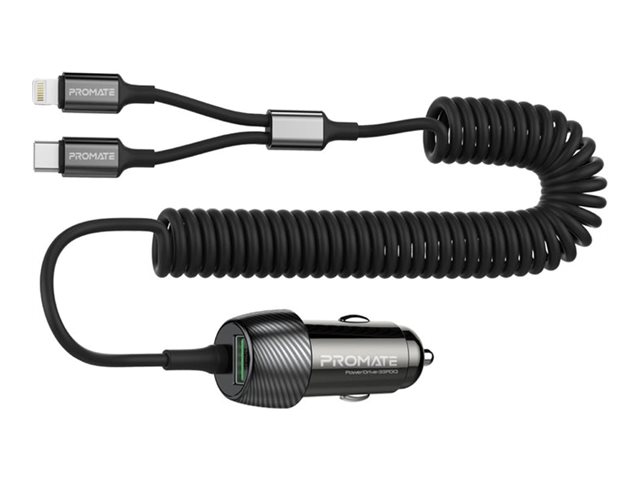 Promate PowerDrive-33PDCI car power adapter with lightning connector & USB-C cable USB Product shot Front 79350