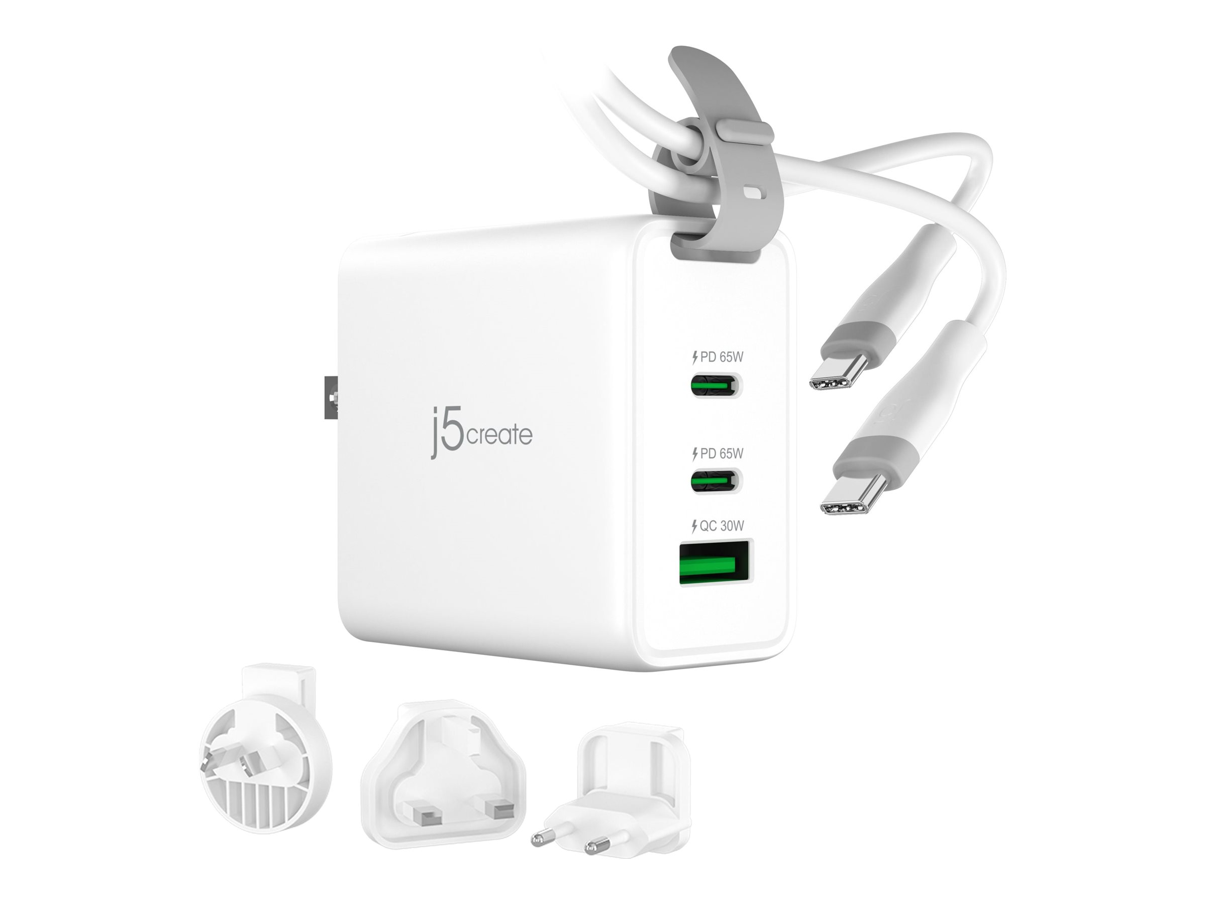 Image of j5create power adapter - 3-port, GaN, with changeable AC plugs and USB-C cable - 2 x USB-C, USB - 65 Watt