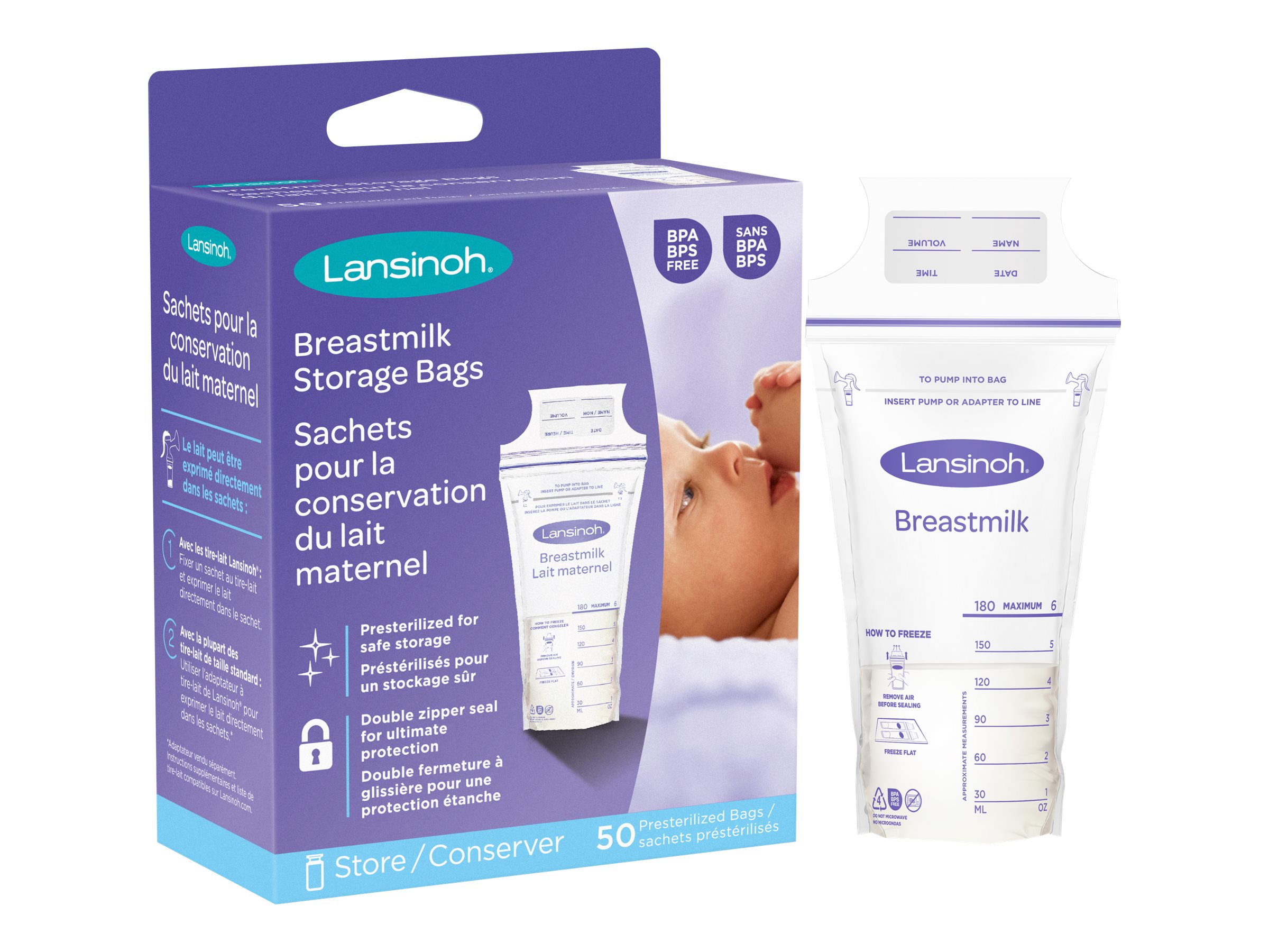 Lansinoh Breast Milk Storage Bags, Polyethylene, Graduated, 6 Ounces, BPA-/BPS-free, Clear, Pre-Sterilized, 50 Count