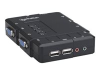 Manhattan KVM  Compact 4-Port, 4x USB-A, Cables included, Audio Support, Control 4x computers from one pc/mouse/screen, Black, Boxed KVM / audio-switch Desktop