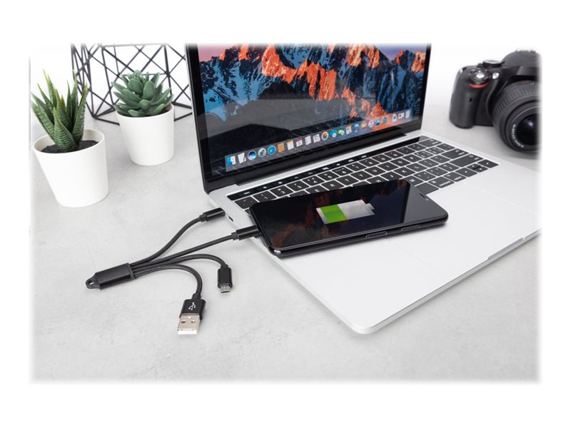 DIGITUS 3-in-1 Charger Cable - Lightning-Kabel - USB m?nnlich zu Micro-USB Typ B, Lightning, 24 pin USB-C m?nnlich - 15 cm - Schwarz